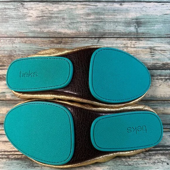TIEKS Golden Glitz Ballet Flat Womens 12 Metallic Crackled Gold Leather Handmade - Picture 7 of 10